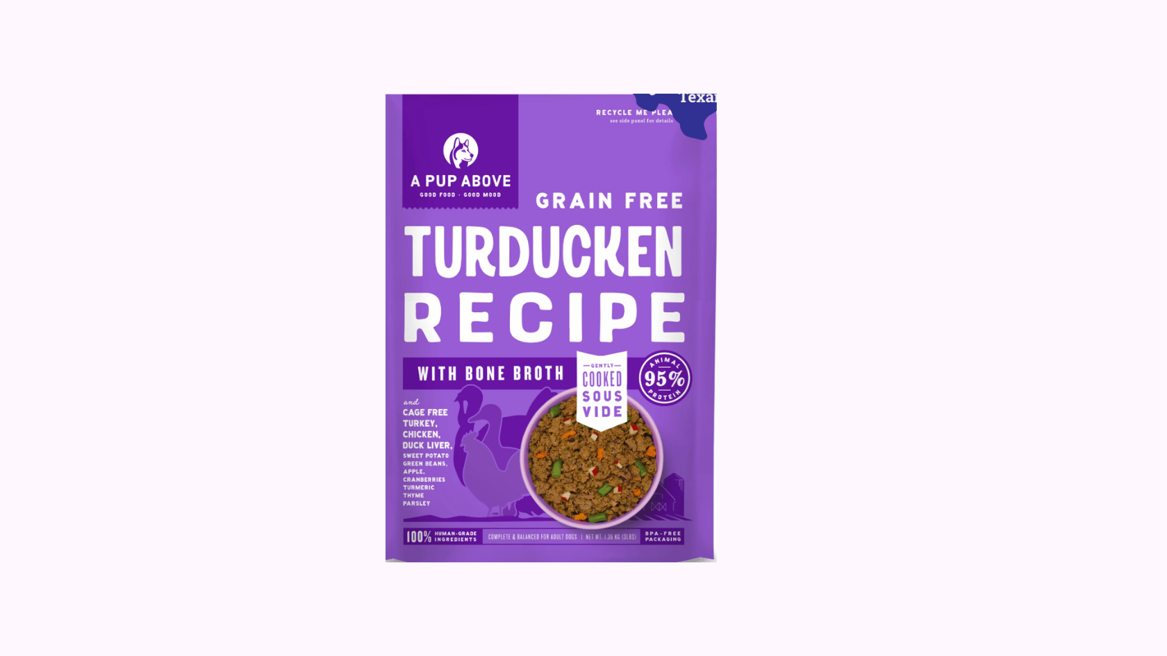 A Pup Above Grain Free Turducken Recipe dog food package featuring gently cooked human-grade ingredients
