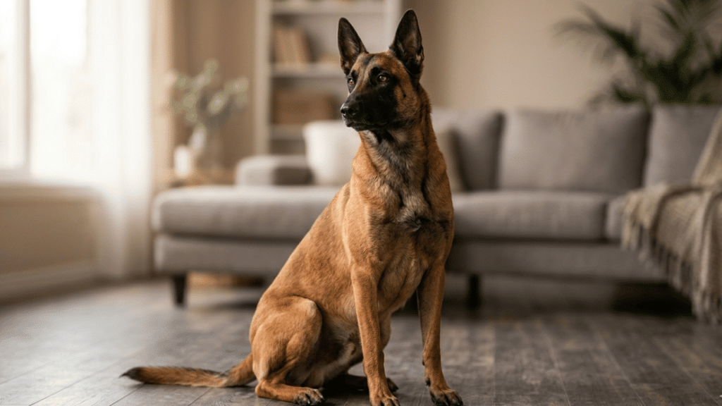 A belgian malinois dog sitting alert on a wooden floor in a cozy living room with a sofa and soft natural light