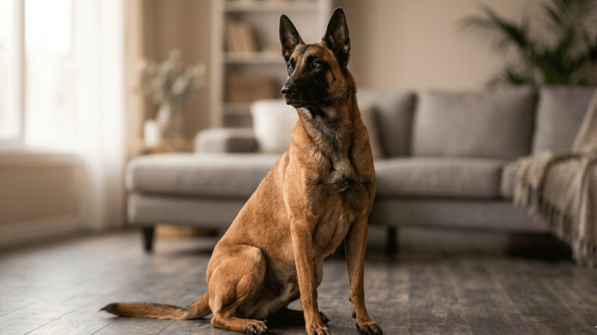 A belgian malinois dog sitting alert on a wooden floor in a cozy living room with a sofa and soft natural light