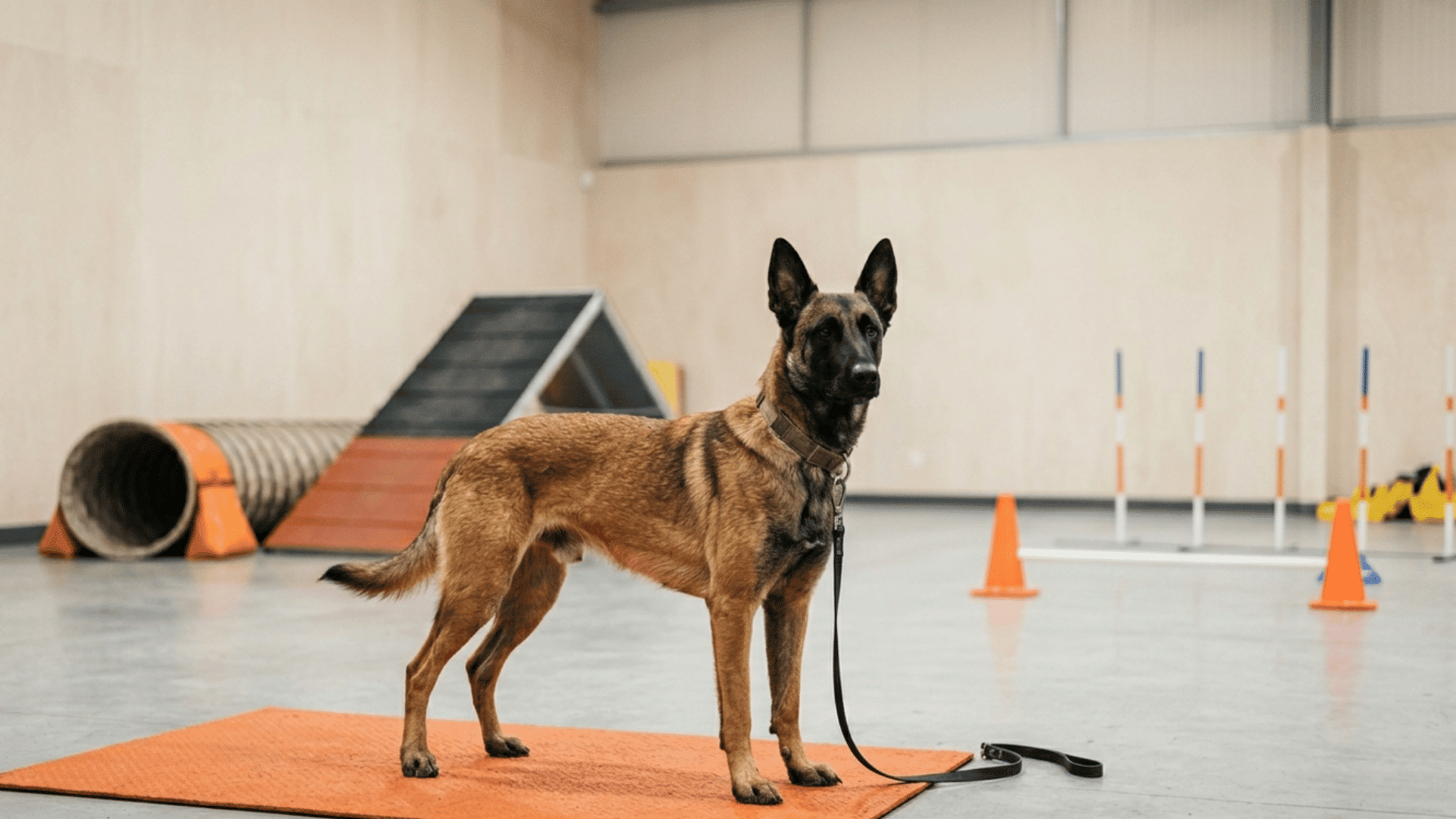 A belgian malinois standing on an orange mat indoors with agility equipment and cones in the background looking alert