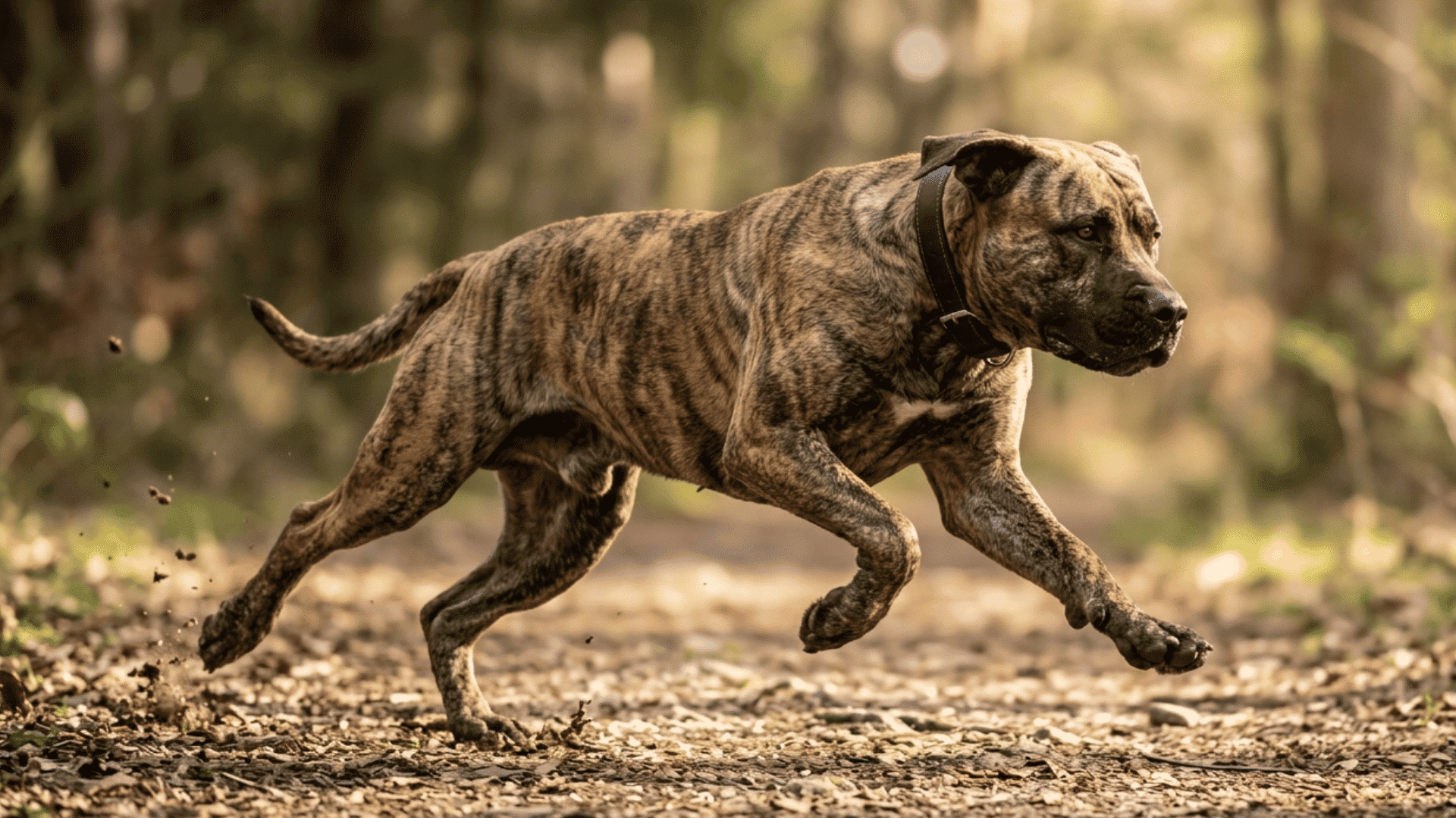 A brindle dog running at full speed on a dirt path in a forest with focused intense expression and muscles visible