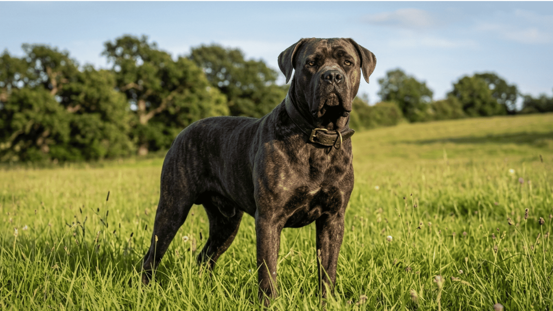 A cane corso standing alert in a green grassy field looking directly at the camera with trees in the background