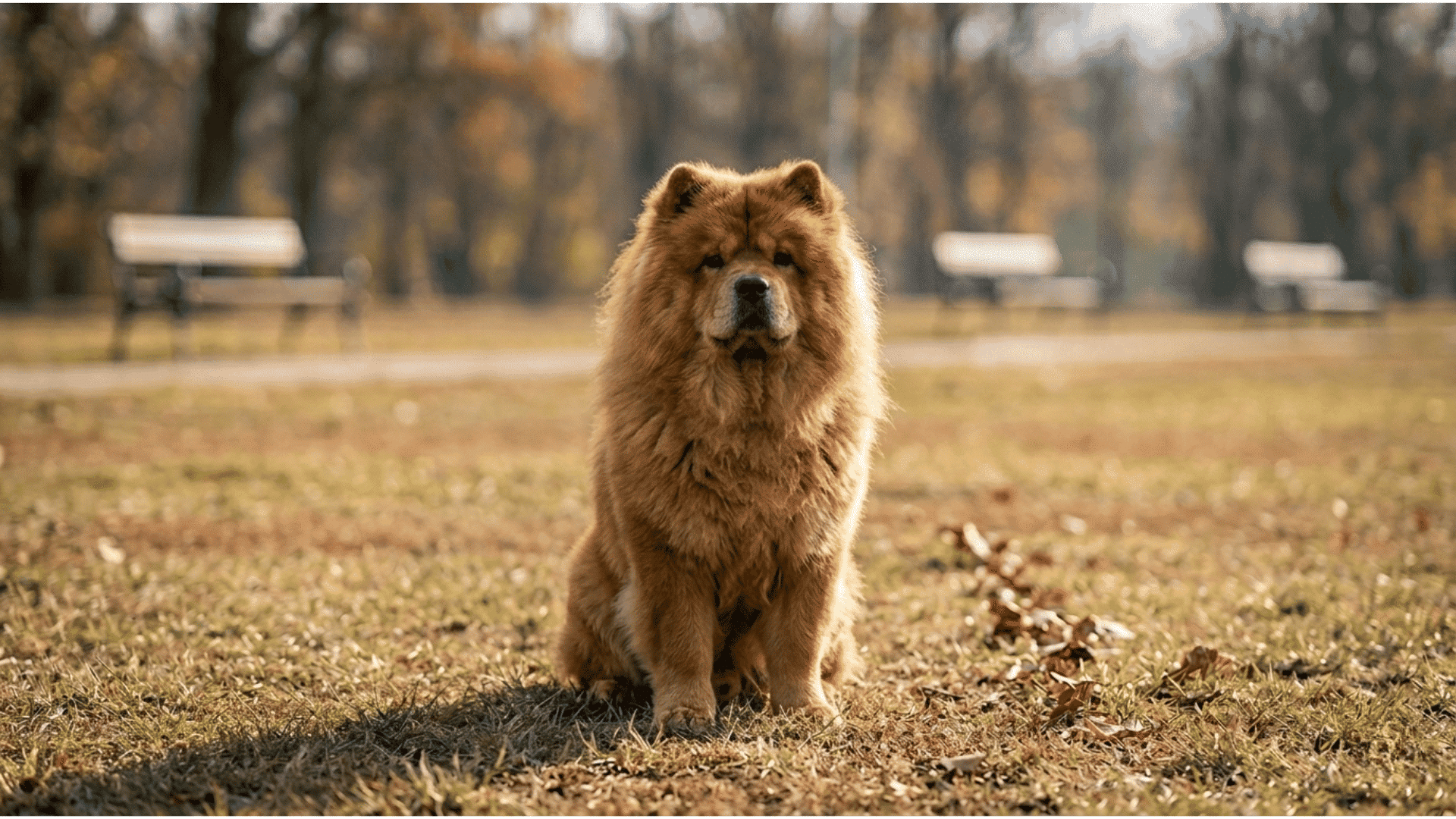 A chow chow sitting on grass in a park looking directly at the camera with trees and benches in the background