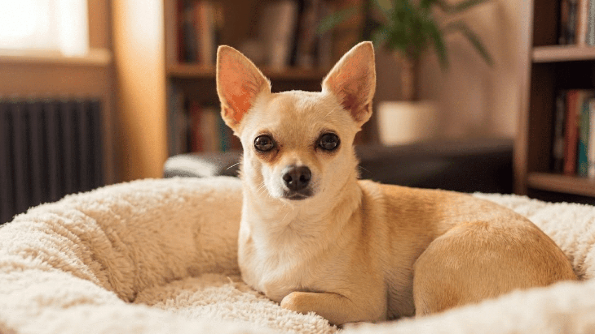 A cute chihuahua resting in a plush round dog bed in a cozy living room looking directly at the camera
