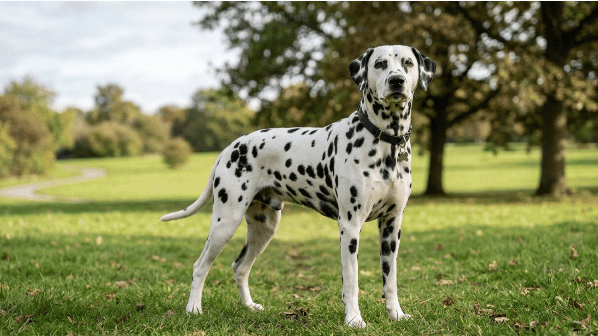 A dalmatian dog standing alert on green grass in a park with scattered trees and a winding path in the background