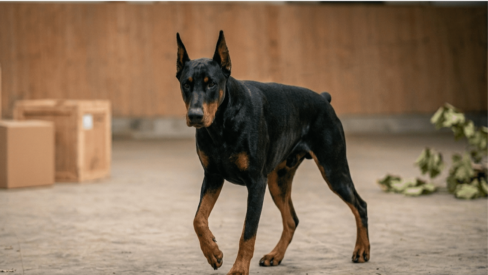 A doberman walking indoors looking alert with wooden crates in the background and focused posture