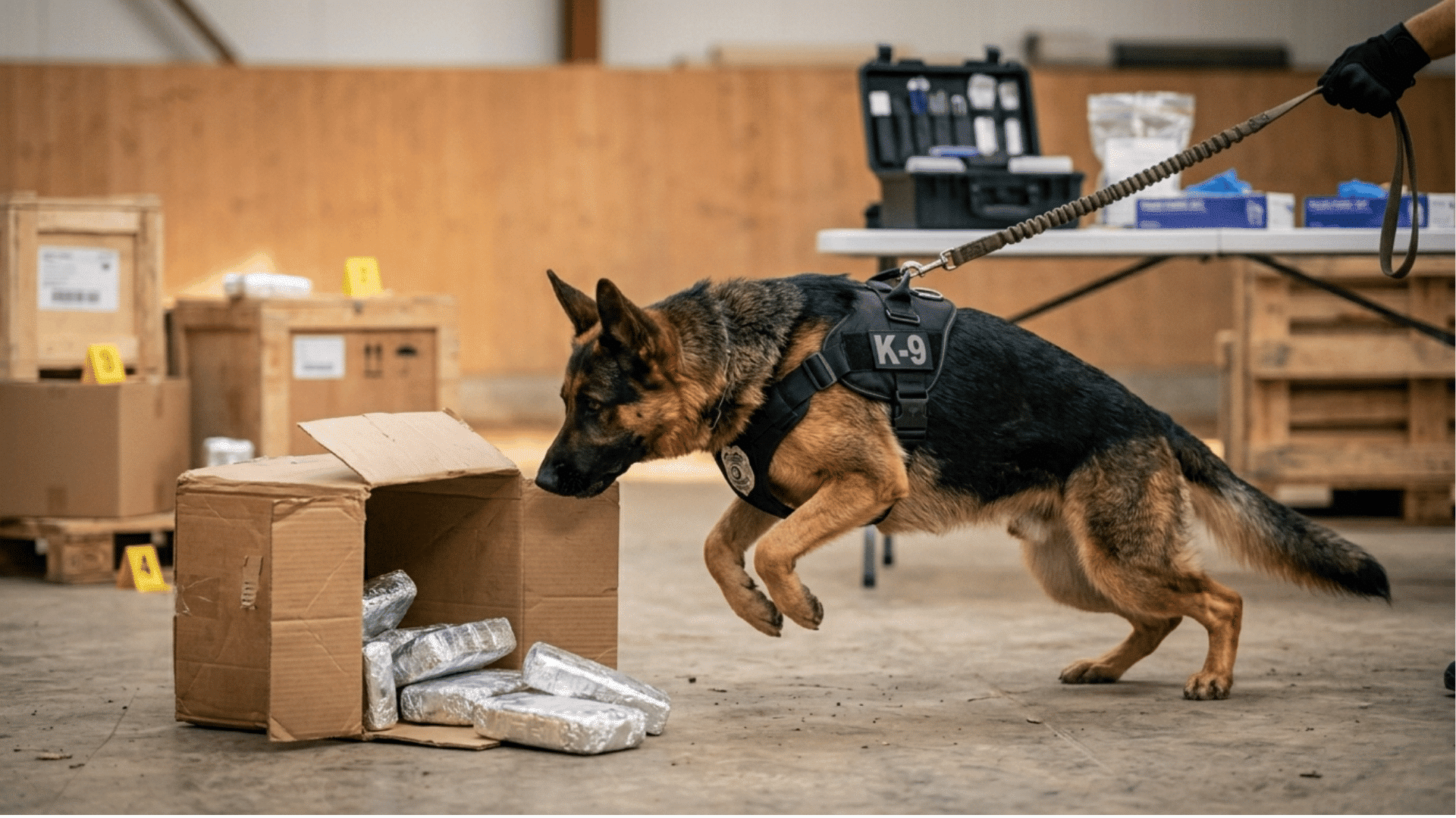 A german shepherd k9 on a leash sniffing a cardboard box with packages inside during a training exercise indoors