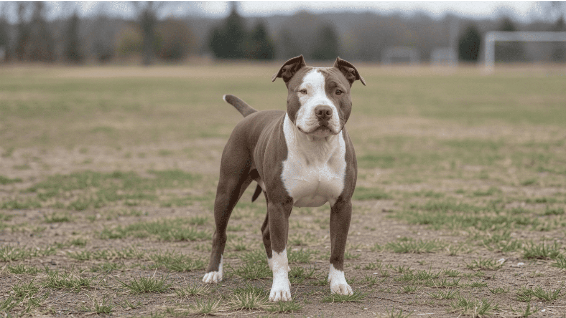 A pit bull standing alert on a grassy field looking directly at the camera with trees in the background