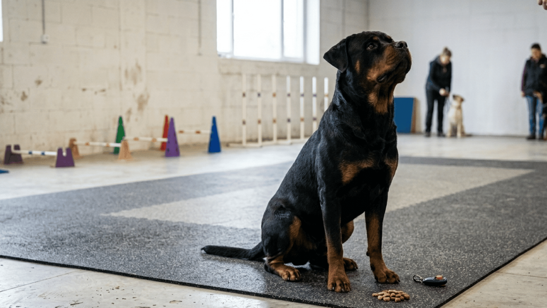 A rottweiler sitting attentively on a training mat looking at its handler with dog treats and a clicker nearby indoors