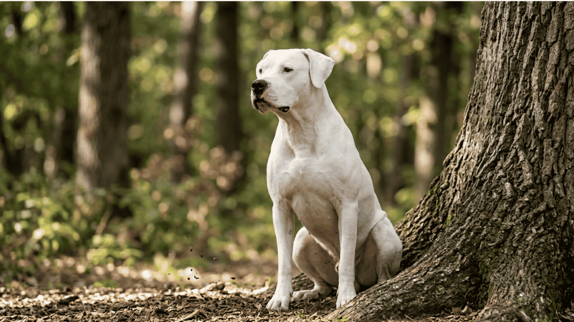 A white dog sitting alert against a large tree in a forest with sunlight filtering through the leaves