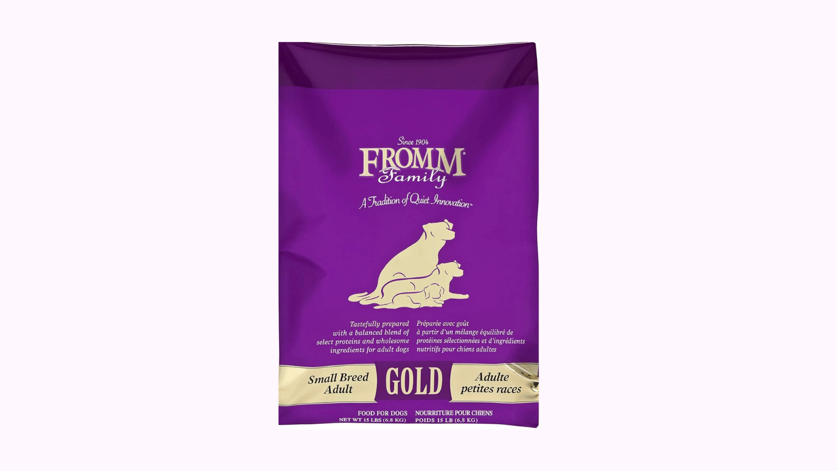 Fromm Family Gold Small Breed Adult dry dog food bag in purple packaging for adult small breed dogs