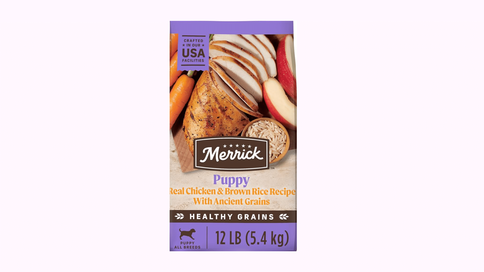 Merrick Puppy Real Chicken and Brown Rice Recipe dog food bag with healthy grains and vegetables
