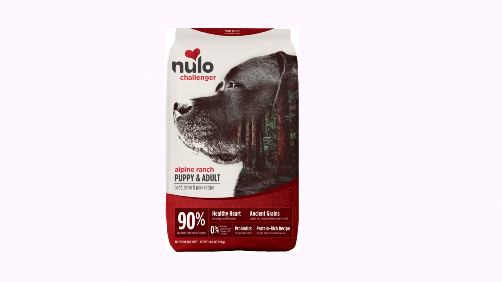 Nulo Challenger Alpine Ranch Puppy & Adult dog food bag with beef, lamb, and pork recipe
