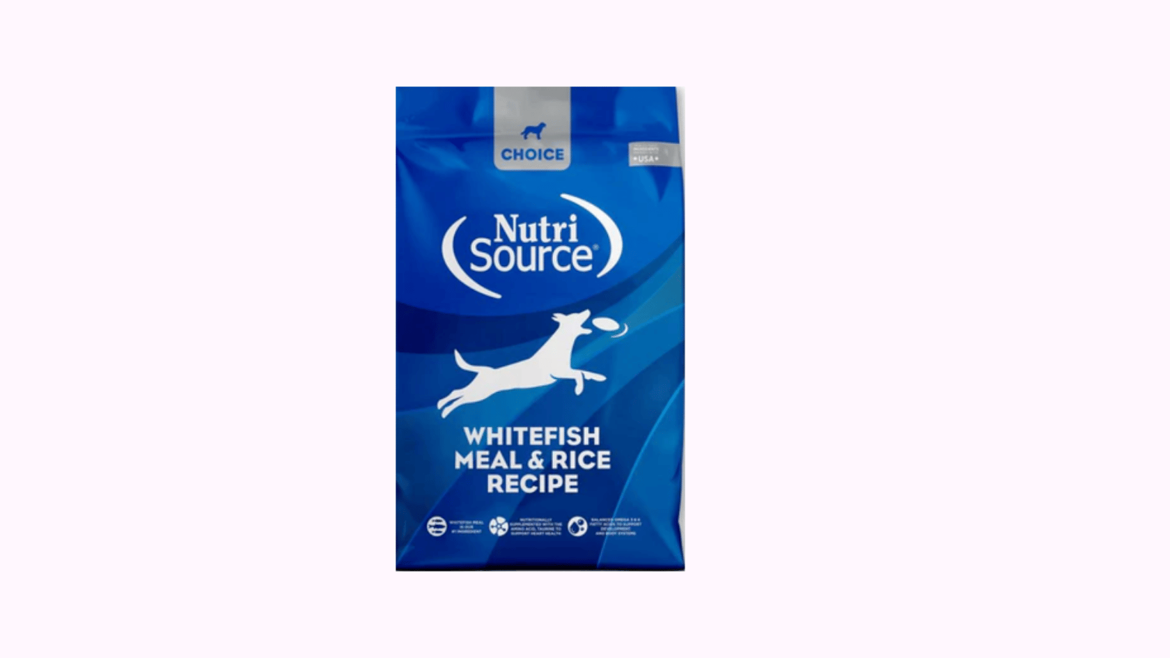 NutriSource Choice Whitefish Meal and Rice Recipe dry dog food bag in blue packaging