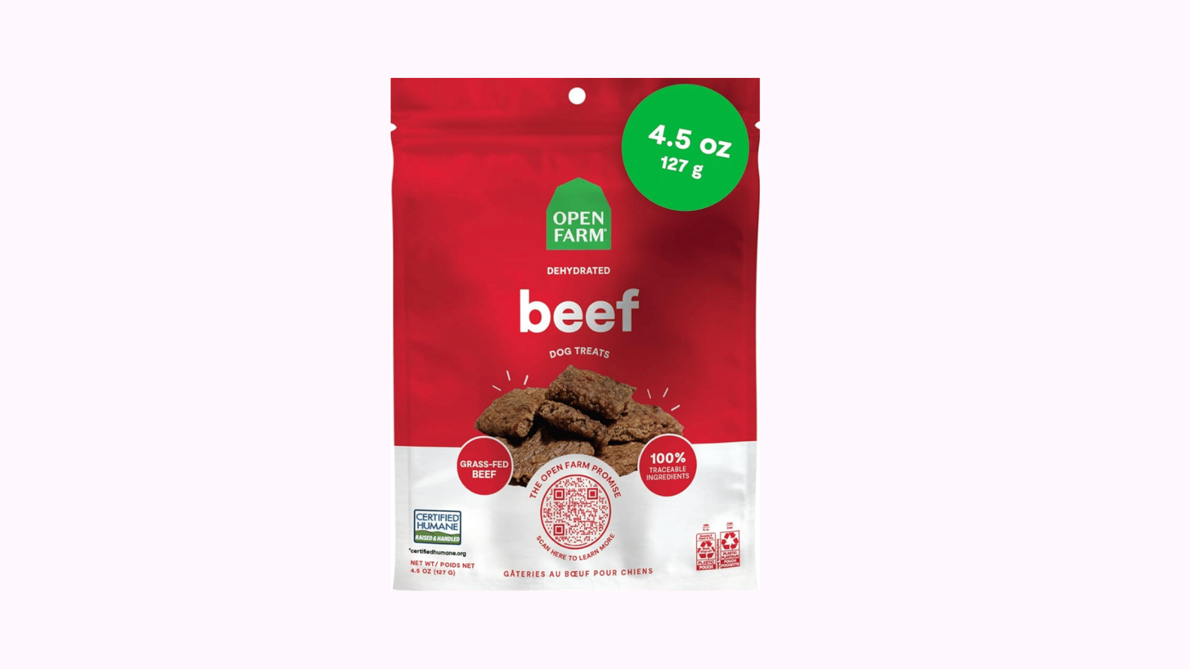 Open Farm dehydrated beef dog treats package with grass-fed beef and traceable ingredient labeling