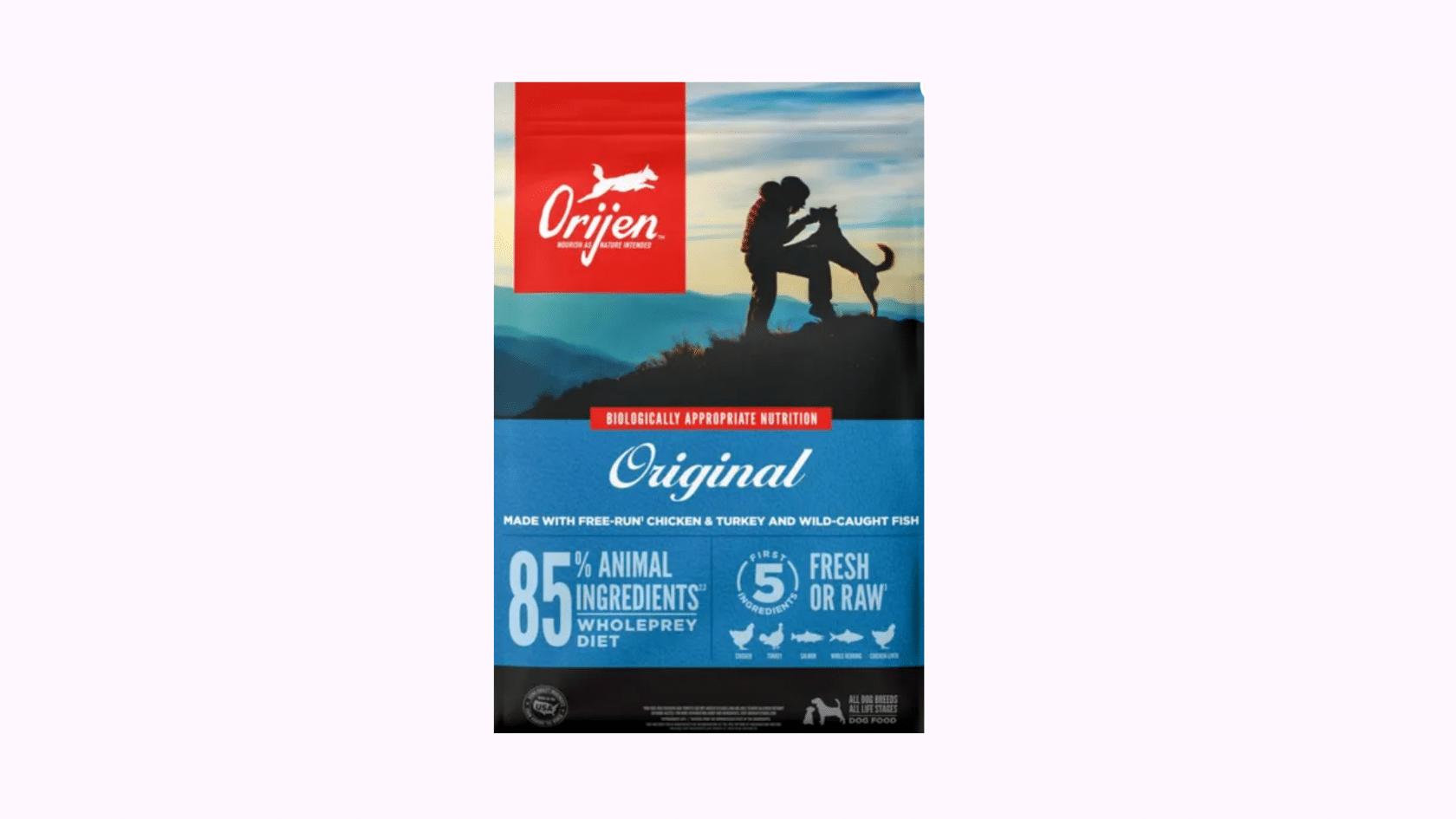 Orijen Original dry dog food bag made with chicken, turkey, and wild-caught fish ingredients