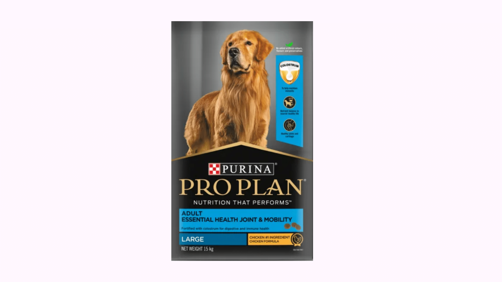 Purina Pro Plan Adult Essential Health Joint & Mobility dry dog food bag with golden retriever image and chicken formula