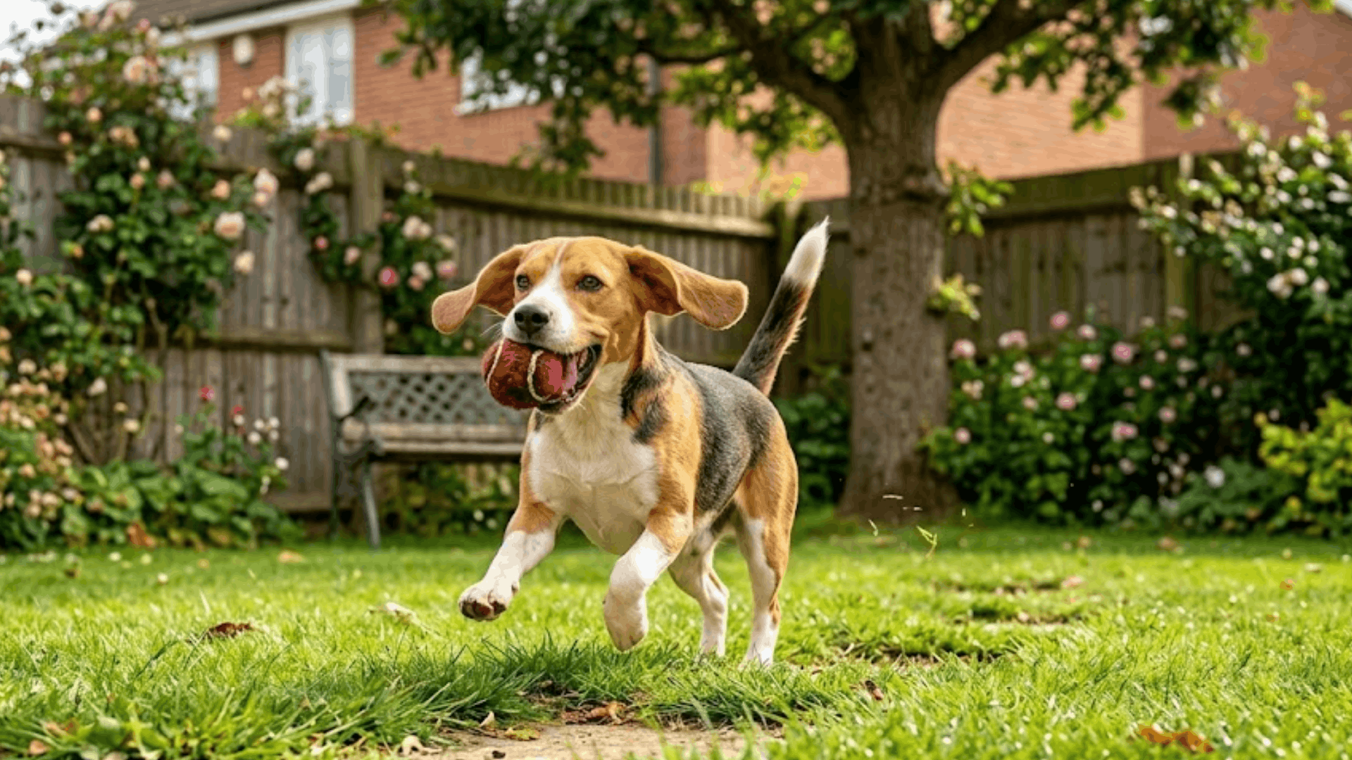 a beagle dog running across a grassy backyard carrying a red ball with flowers trees and wooden fence behind