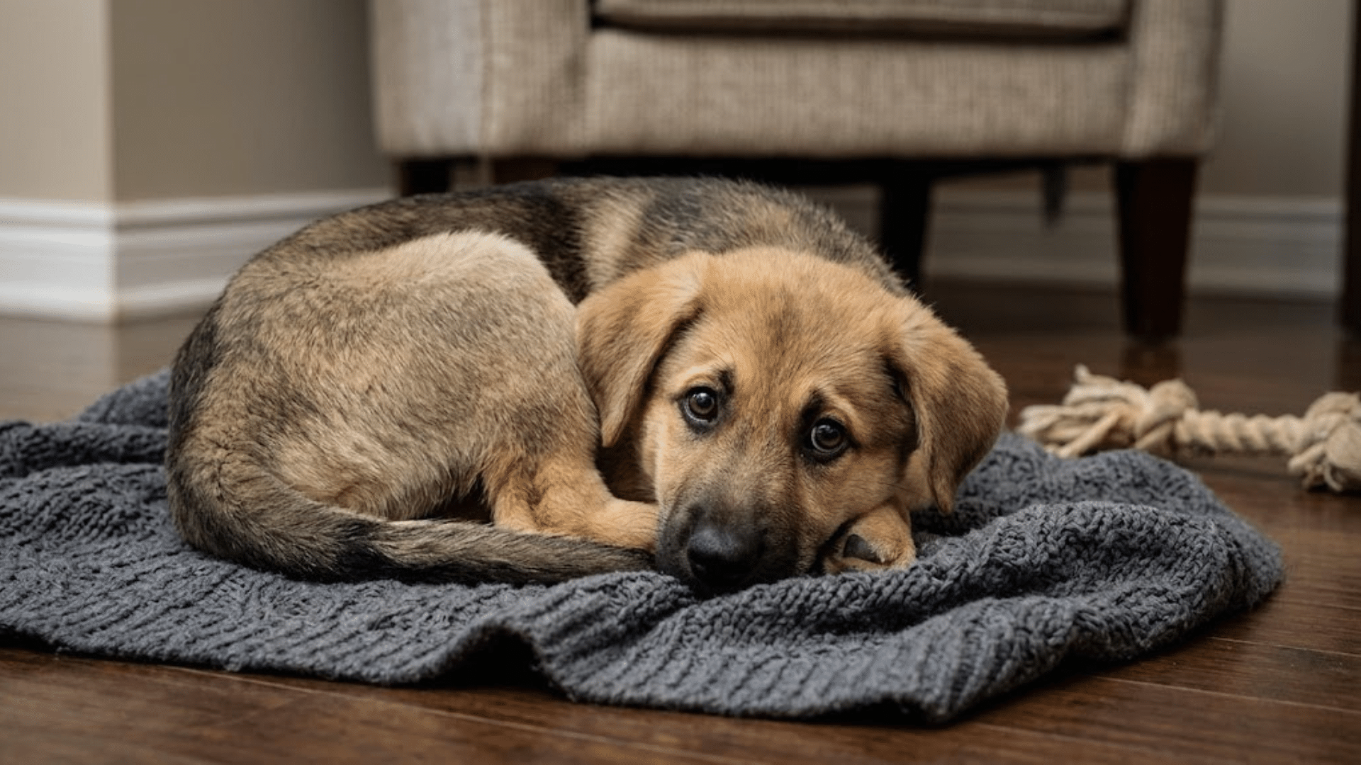 a brown and black puppy lying on a gray blanket looking forward beside a rope toy on a wooden floor