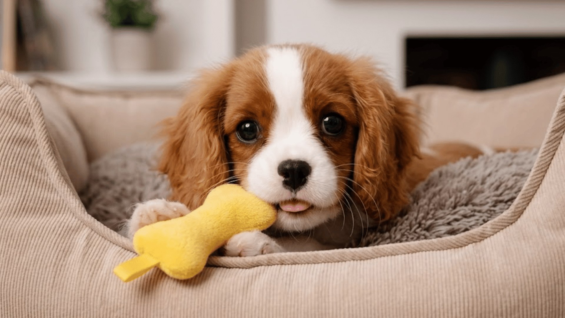 a cavalier king charles spaniel puppy with a yellow toy rests in a plush dog bed inside a cozy bright room