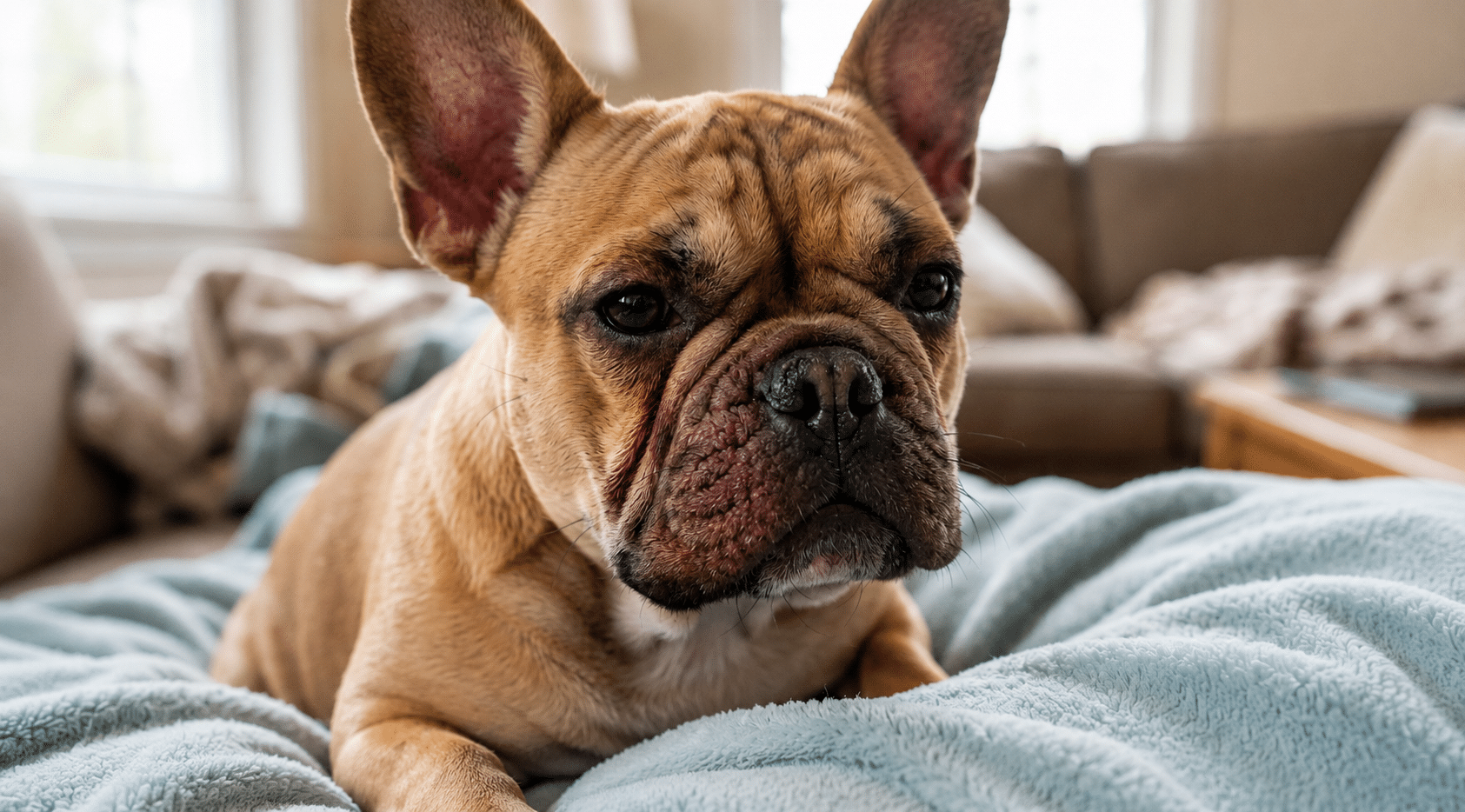 a close up of a tan french bulldog resting on a soft blanket indoors with a blurred living room in background