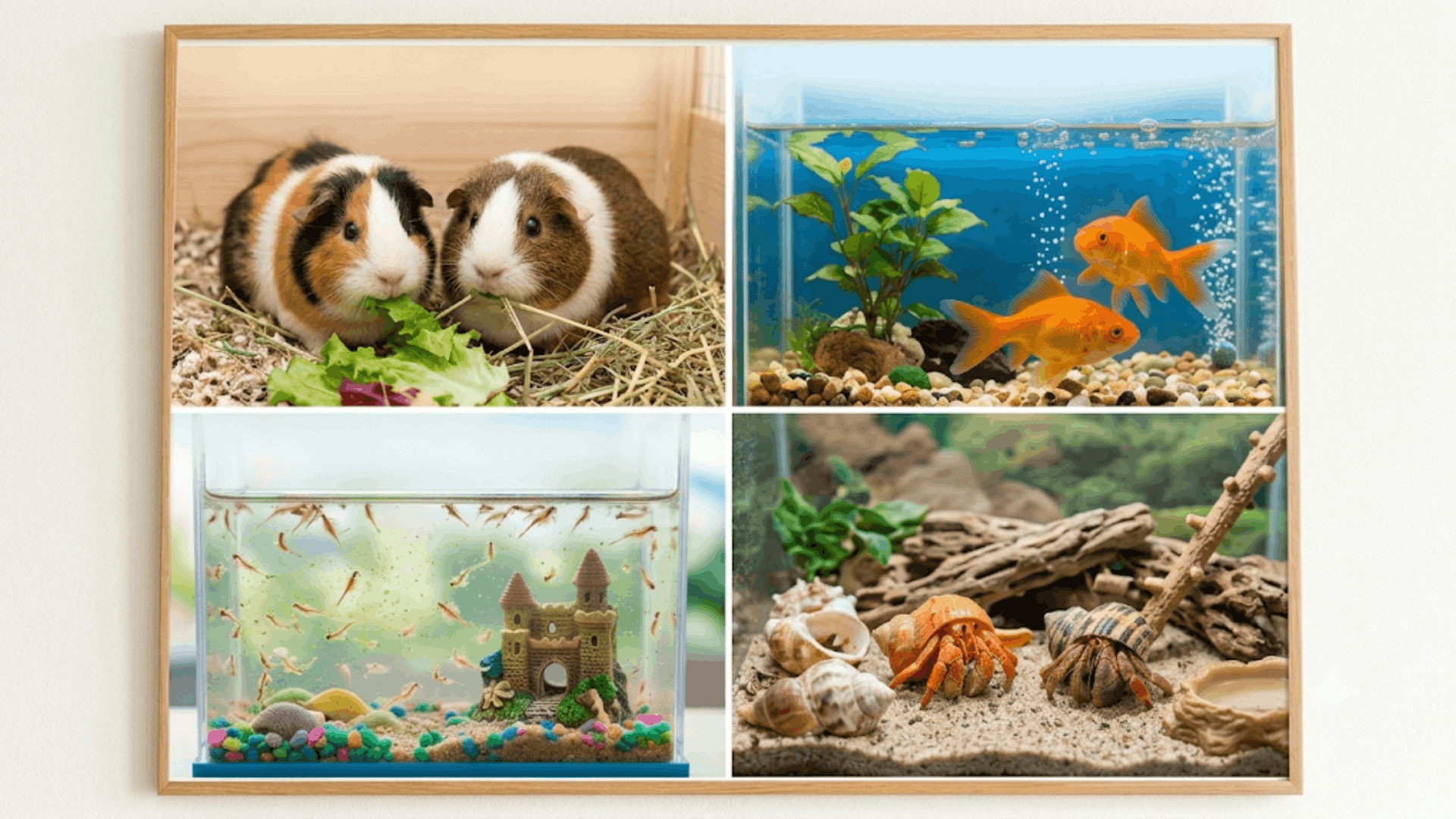 a collage of different low maintenance pet animals including guinea pigs goldfish sea monkeys and hermit crabs