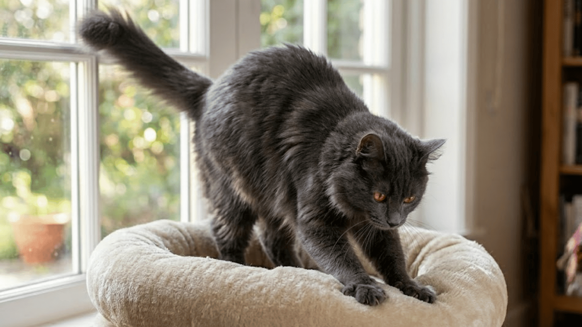 a fluffy gray cat kneading a soft pet bed beside a sunlit window inside a cozy room with shelves in background
