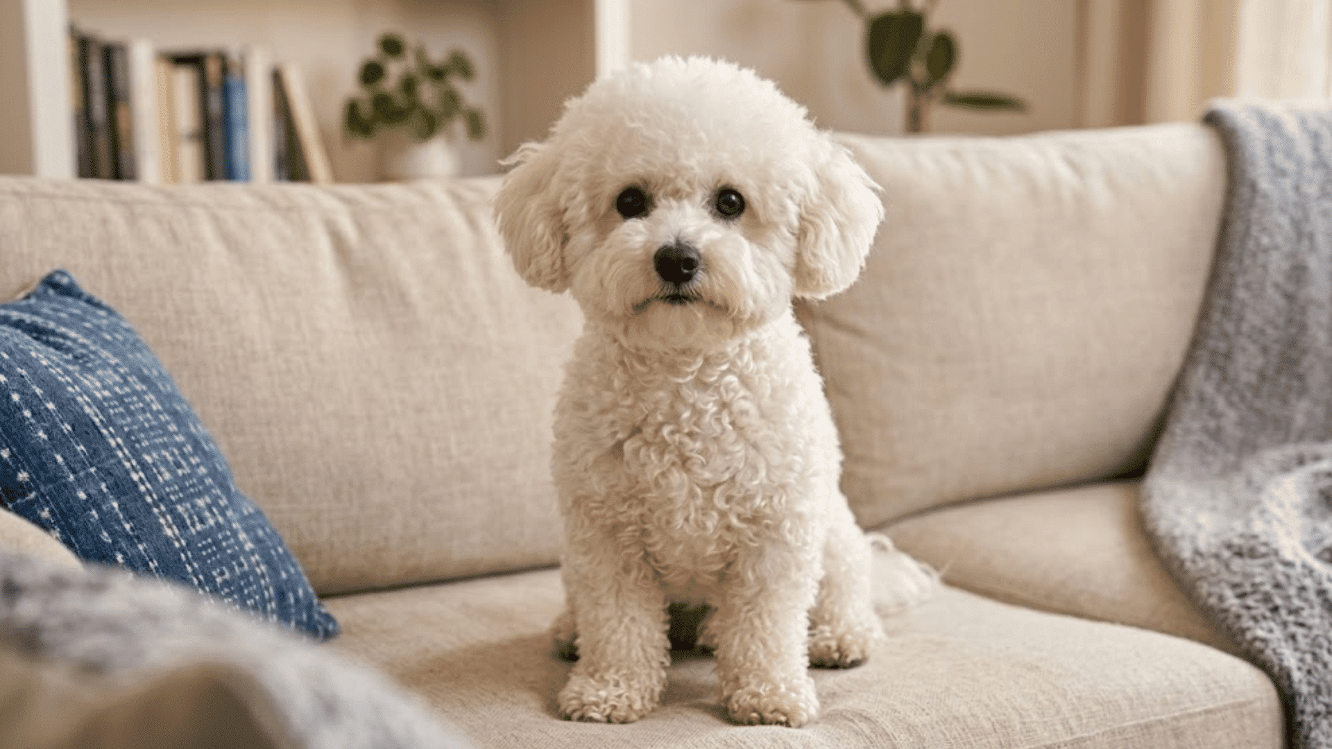 a fluffy white bichon frise dog sitting on a beige couch with a blue patterned pillow and a grey blanket in a living room