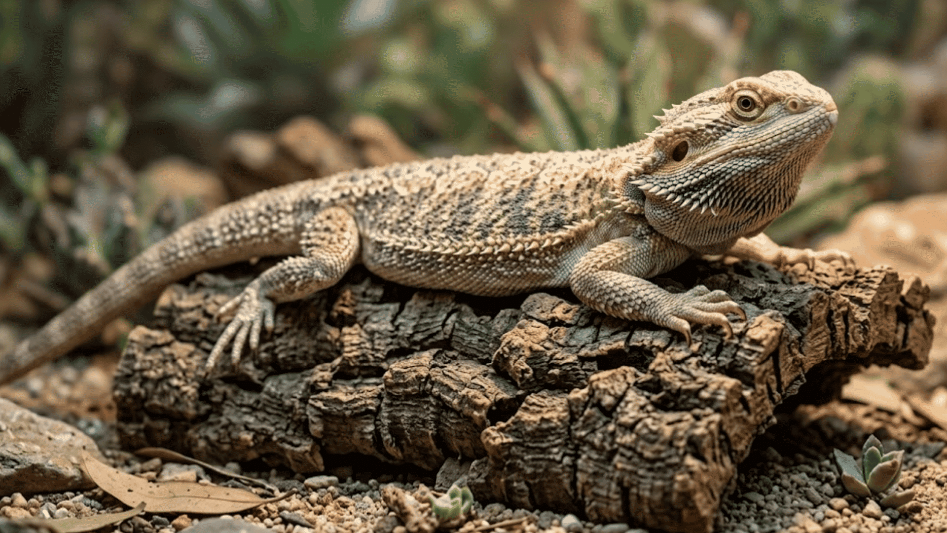 a high resolution photo of a bearded dragon lizard resting on a piece of cork bark in a desert habitat