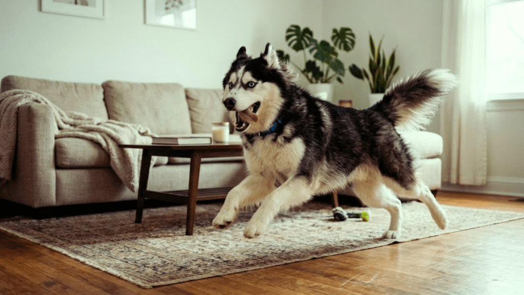 a husky dog running excitedly across a living room showing why do dogs get the zoomies during play