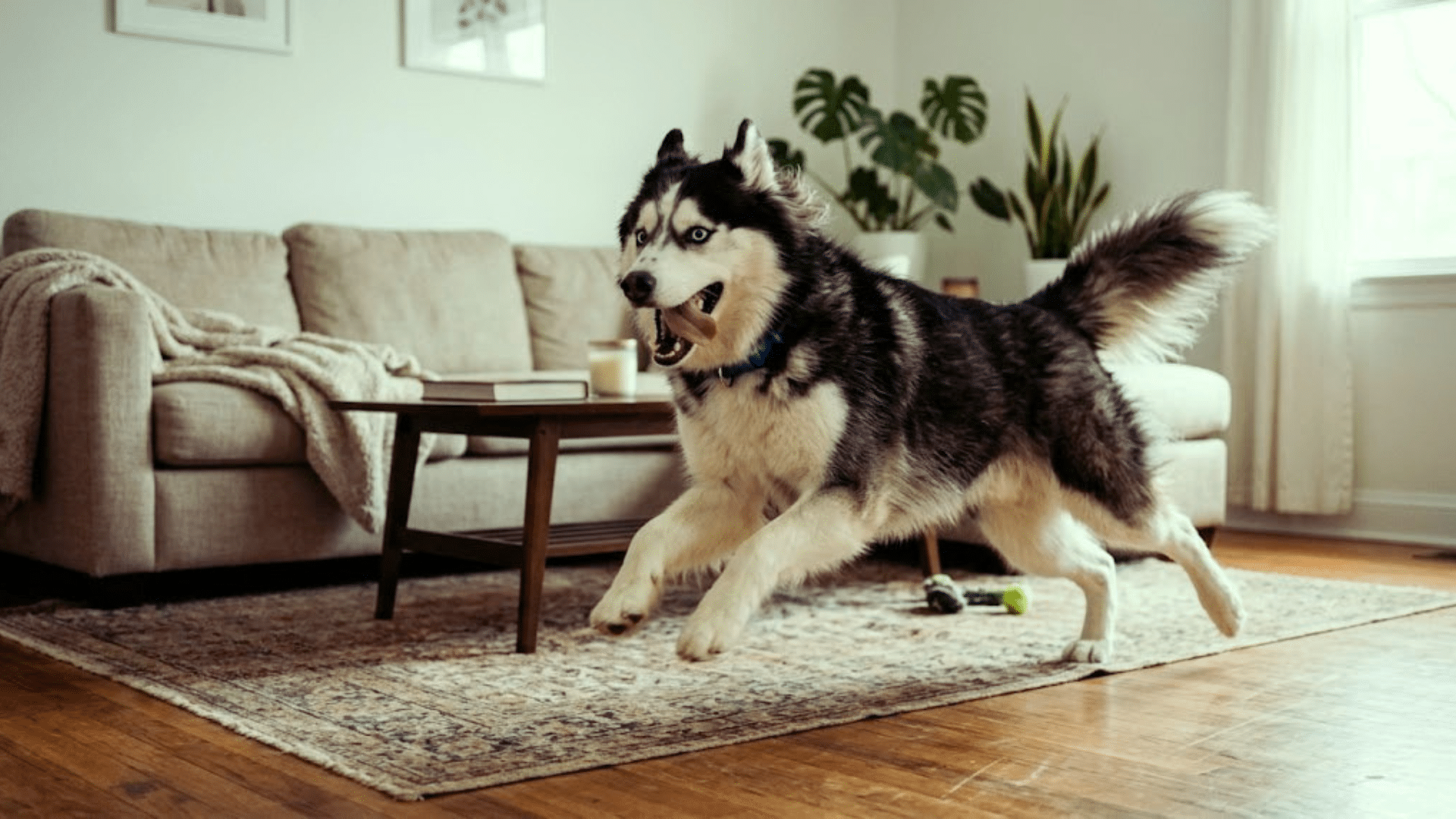 a husky dog running excitedly across a living room showing why do dogs get the zoomies during play