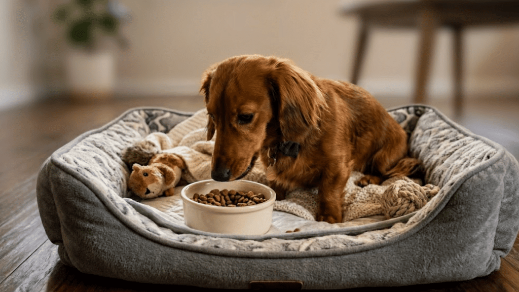 a longhaired dachshund in a grey dog bed eats food from a plain bowl with a blurred background