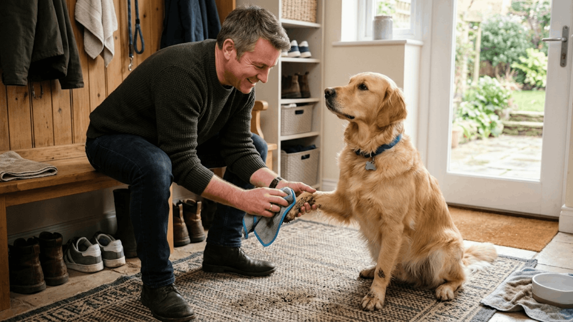 a man cleaning a golden retrievers muddy paws with a towel in a home entryway after a walk