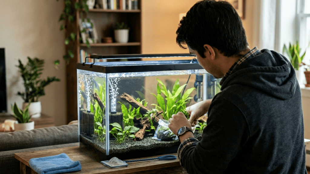 a person arranging aquatic plants inside a planted aquarium on a wooden table in a bright living room with houseplants