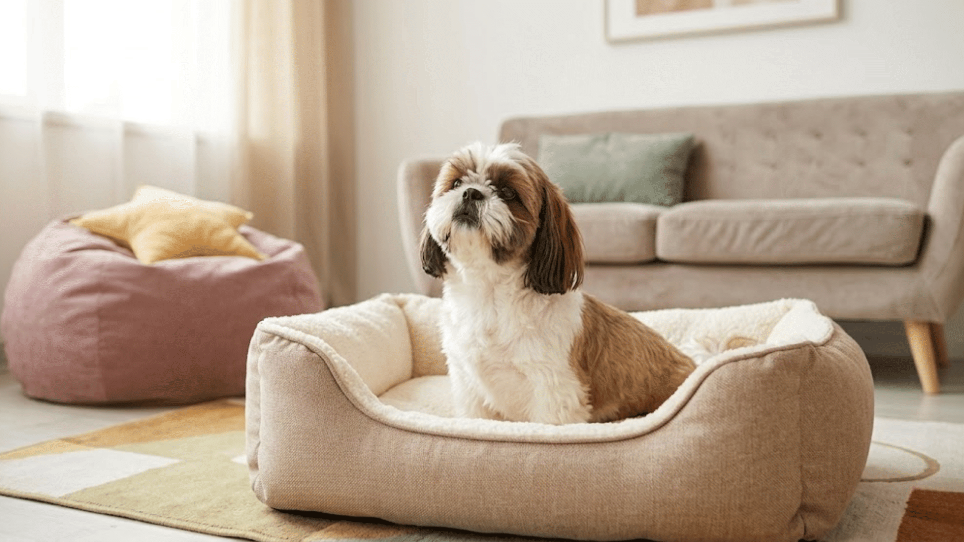 a shih tzu dog sitting inside a cozy beige dog bed in a bright living room in 16 9 widescreen ratio