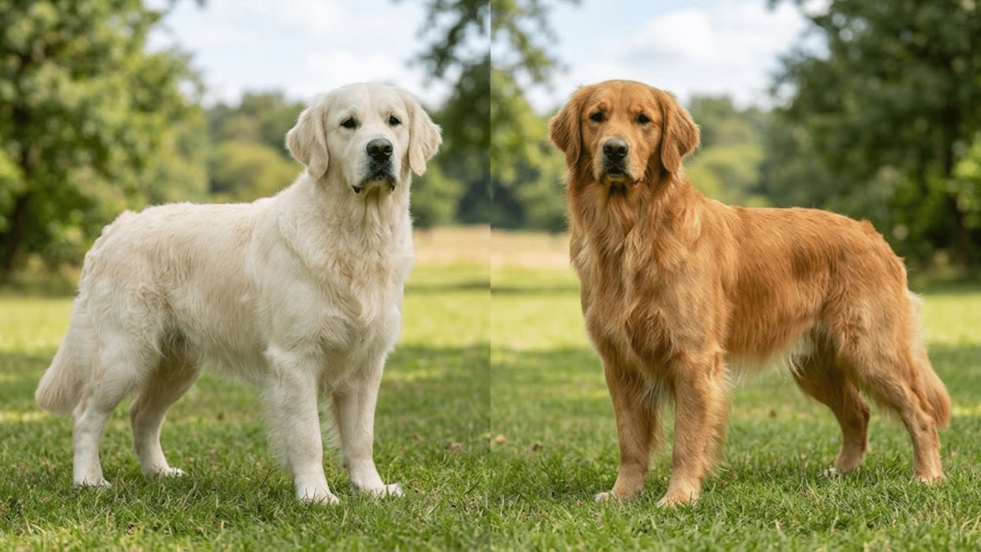 a side by side comparison of a pale english cream golden getriever and a rich gold american golden retriever
