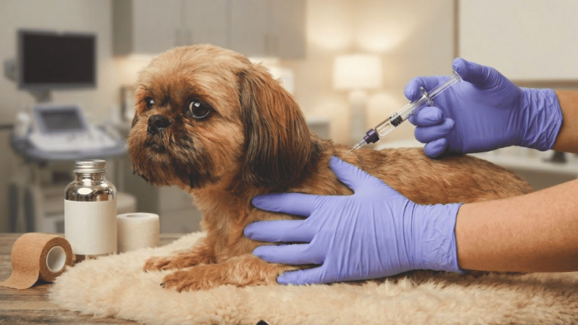 a small brown dog receiving an injection from a veterinarian wearing purple gloves in a clean medical clinic