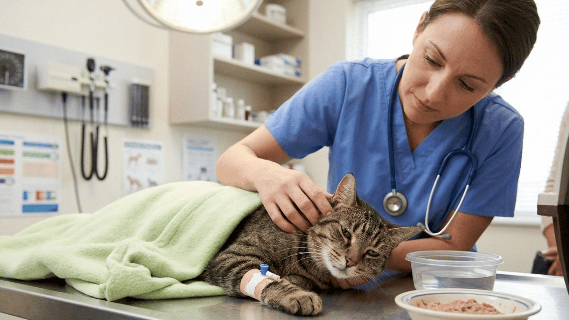 a veterinarian gently comforts a sick tabby cat resting under a light green blanket with drip on an examination table
