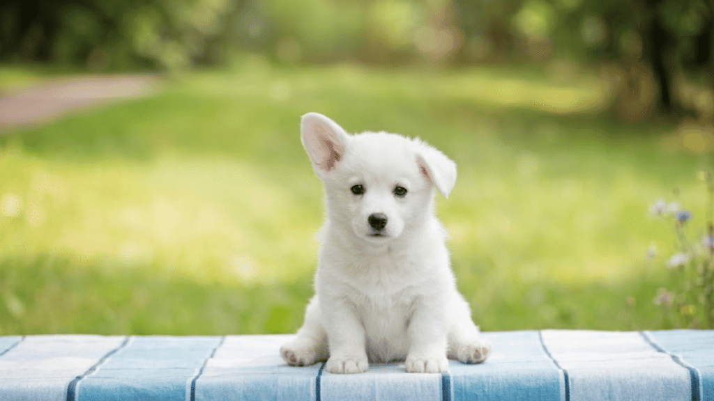 a white puppy sitting on a blue checkered table outdoors with green grass and trees blurred in the background