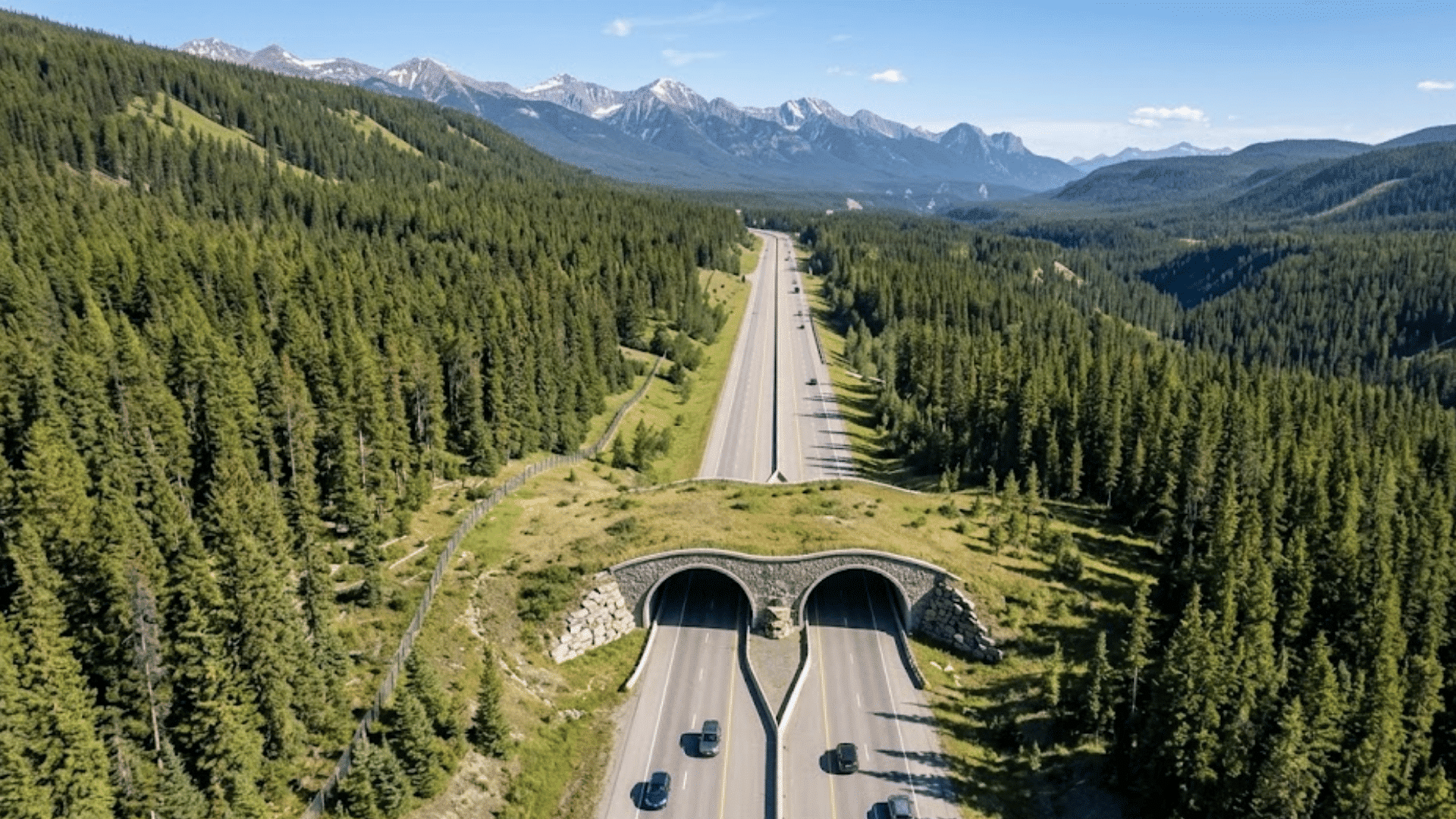 aerial view of a wildlife crossing over a divided highway surrounded by dense forest with mountain peaks in the distance
