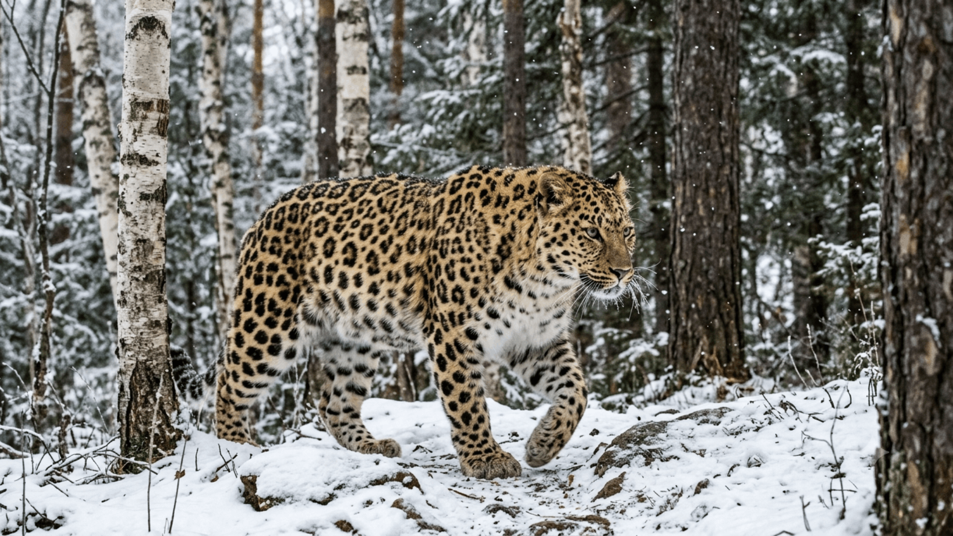 amur leopard walking through a forest habitat highlighting conservation efforts and population decline