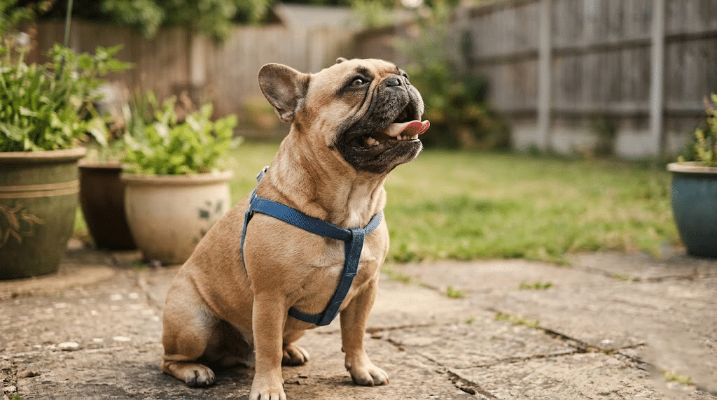 a tan french bulldog wearing a blue harness sitting on a stone patio in a backyard with garden pots nearby
