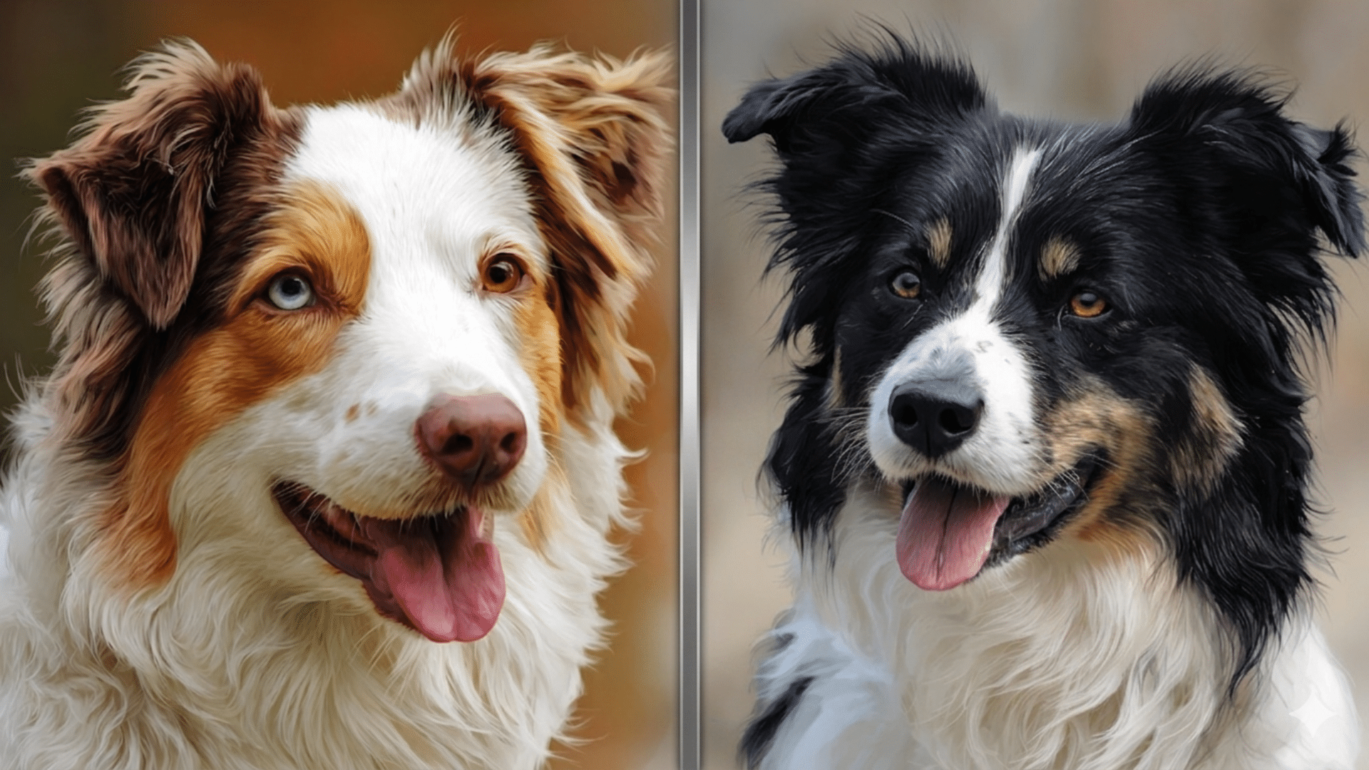 australian shepherd and border collie standing together in grassy field showing different coat patterns