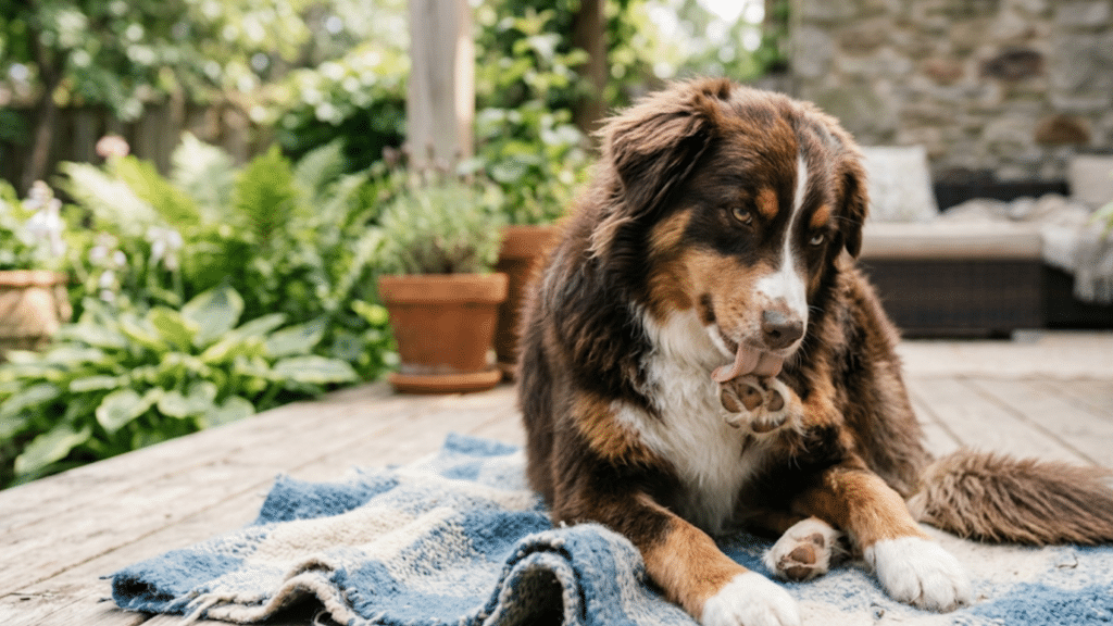 australian shepherd lying on a blanket on a wooden deck while licking its paw in a lush garden setting (1)