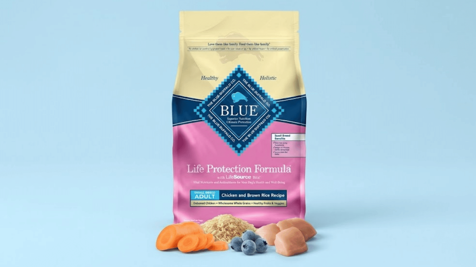 bag of blue buffalo small breed chicken and brown rice dog food on a light blue background