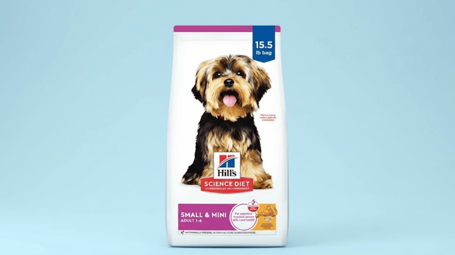 bag of hills science diet small and mini dog food with a cute dog on a light blue background