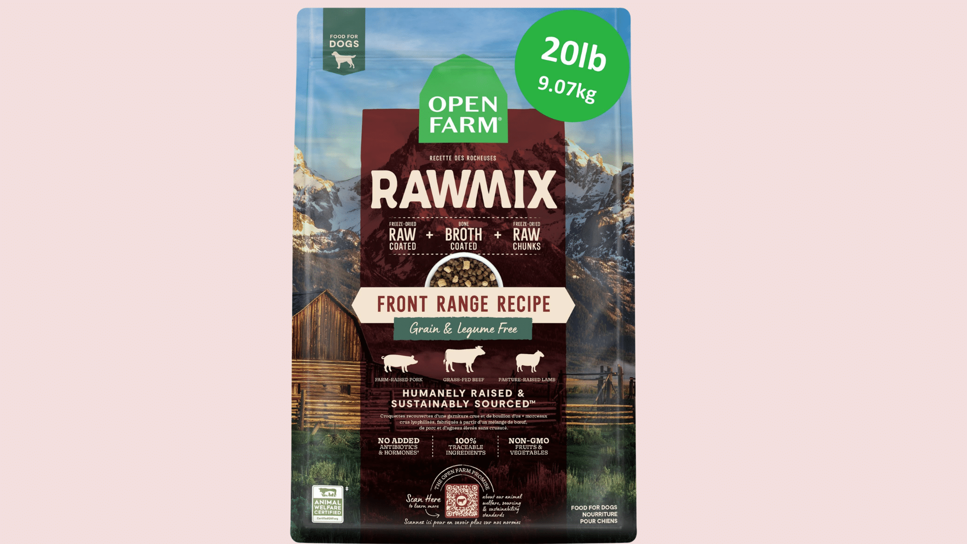 bag of open farm rawmix dog food featuring mountain scenery and front range recipe with pork beef and lamb ingredients