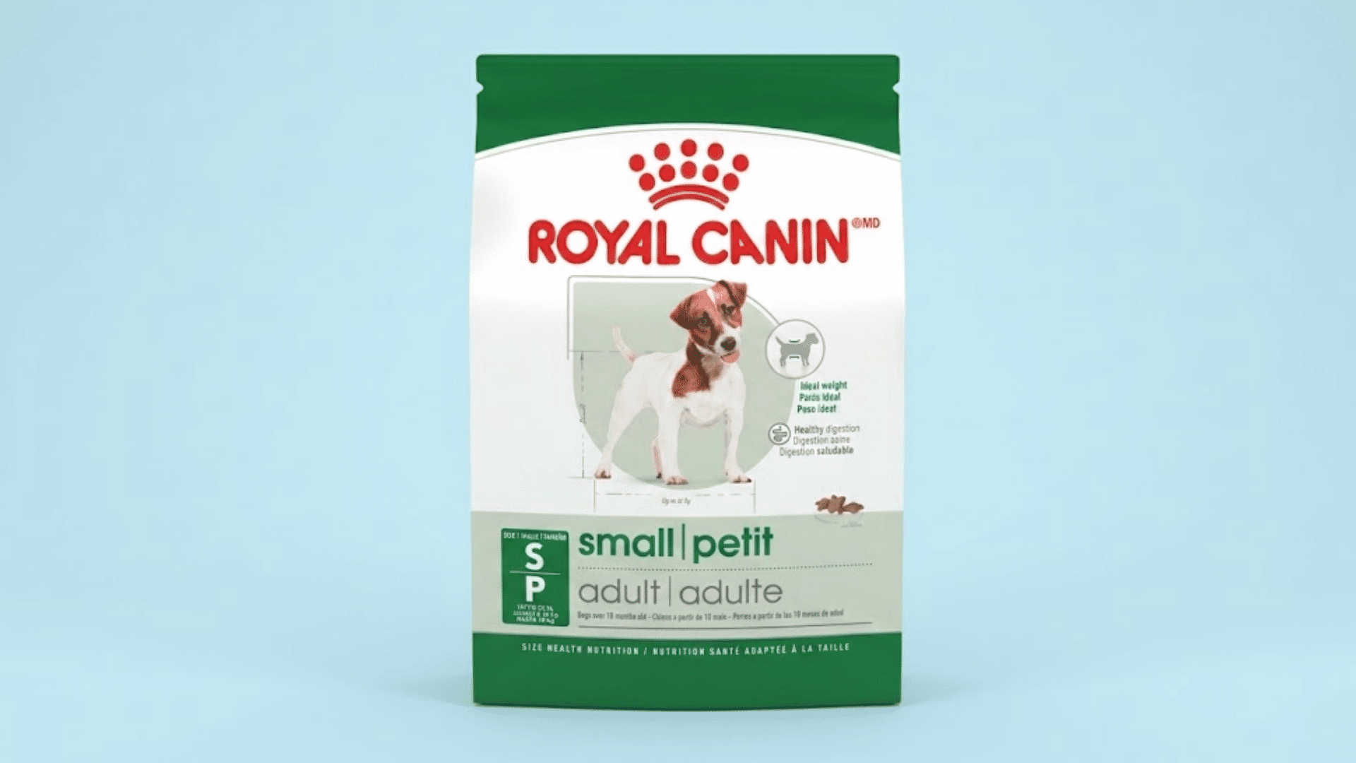 bag of royal canin small adult dog food with a little dog on a light blue background
