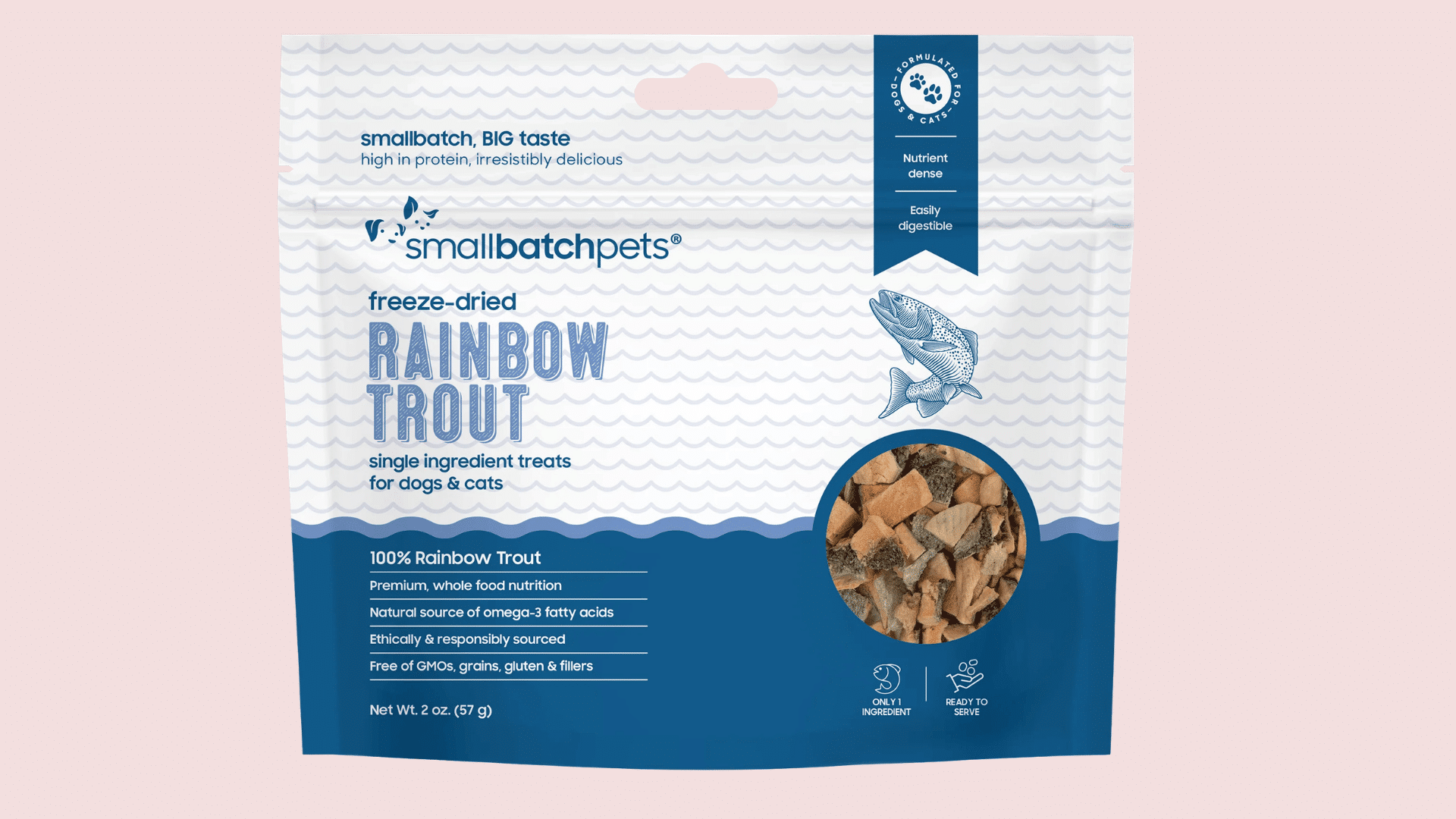 bag of smallbatch pets freeze dried rainbow trout treats for dogs and cats with fish illustration and trout pieces visible through window