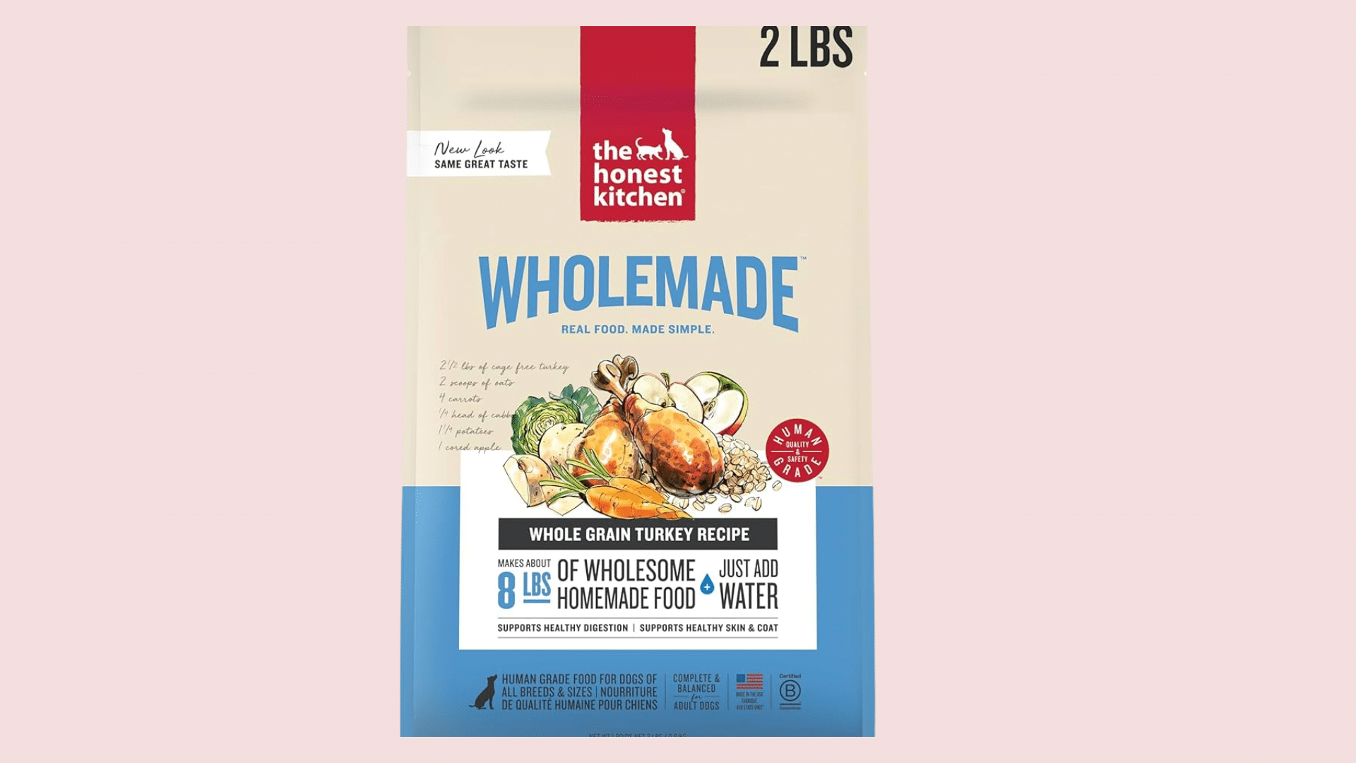 bag of the honest kitchen wholemade whole grain turkey recipe dog food with illustrated turkey vegetables and oats on packaging